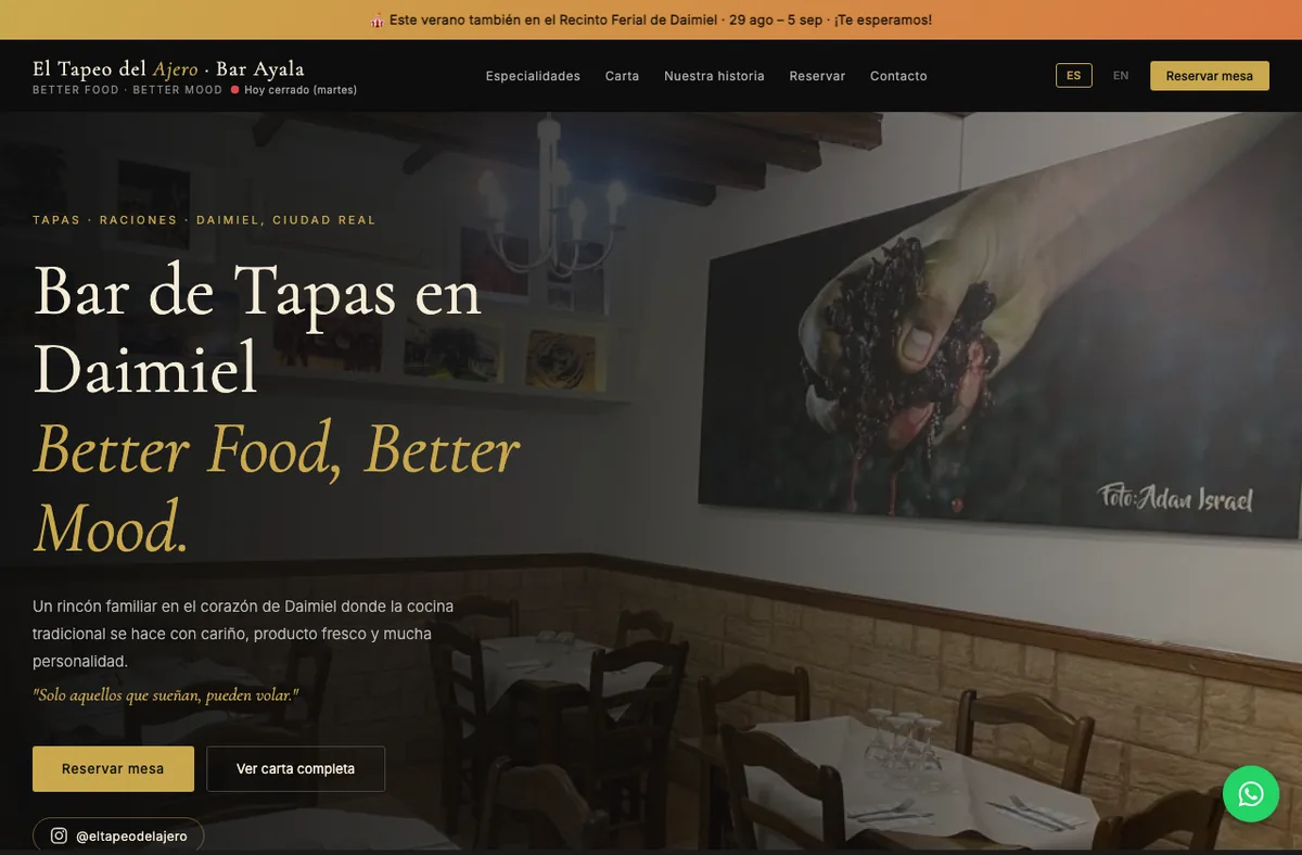 Web de El Tapeo del Ajero, bar de tapas, diseñada por Beltrán Ontanaya